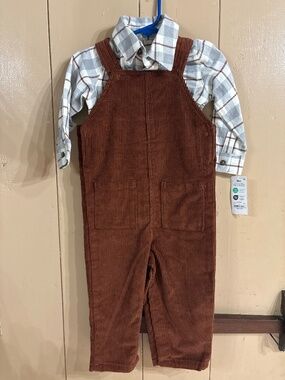 Carters 18m plaid shirt and brown corduroy bib overalls, NWT